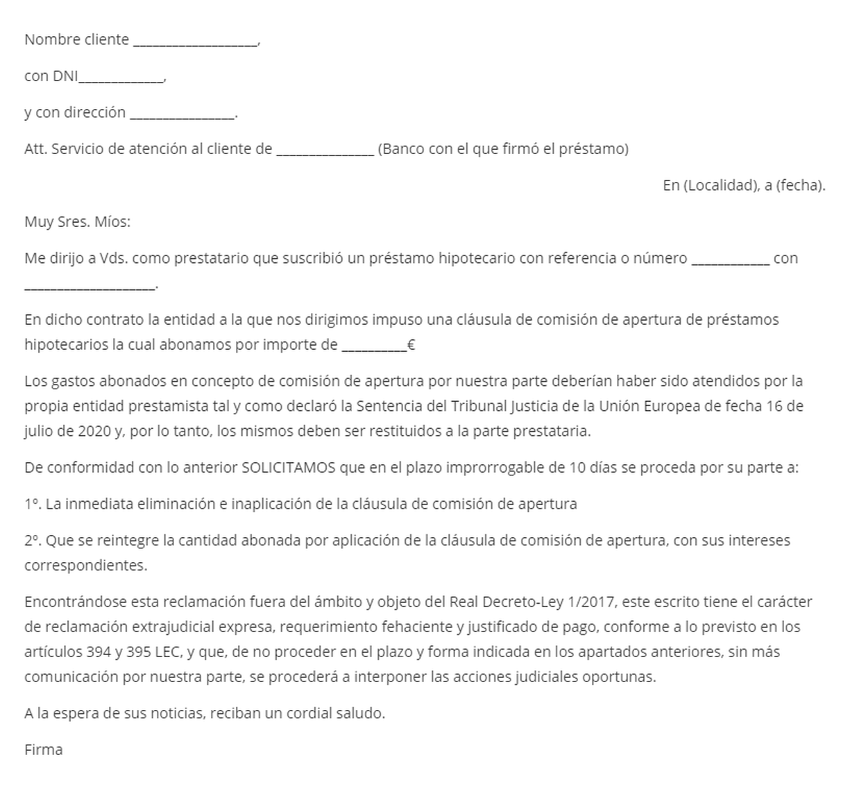 Modelo de reclamación comisión de apertura